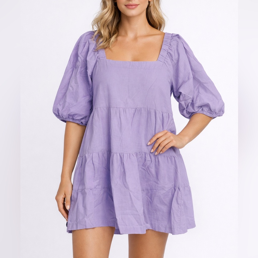 Lavender Puff Sleeve Women Mini Dress Medium Cotton Cottagecore Coquette